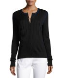 Engineered Rib-Knit Jewel-Neck Cardigan, Caviar/Azzurine