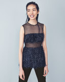Sleeveless Metallic Chevron-Fringe Top, Navy