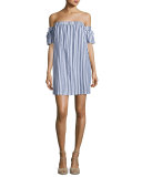Off-the-Shoulder Striped Poplin Shirtdress, Multi