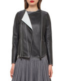 Leather Biker Jacket w/Contrast Stitching, Black/Moonstone