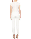 Cap-Sleeve Ruffle-Placket Shirt, Cream
