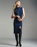 Sleeveless Draped-Arm Keyhole Dress, Navy