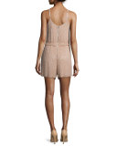 Mika Sleeveless Beaded Silk Romper, Tan