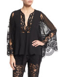 Bell-Sleeve Lace & Georgette Top, Black