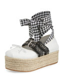 Ankle-Wrap Platform Espadrille Flat, Bianco/Nero