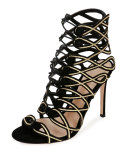 Looped Embroidered Suede Bootie, Nero