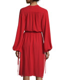 Long-Sleeve Plunging-V-Neck Dress, Crimson