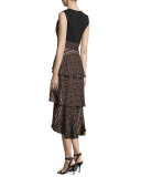 Hayley Sleeveless Tiered Multipattern Midi Dress, Brown/Multicolor