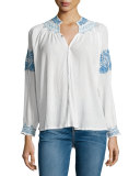 The Traveler Embroidered Top, Cream/Blue