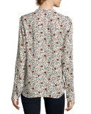 Rey Long-Sleeve Floral Silk Top, White/Multicolor
