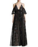 Sequoia Floral-Embroidered Cold-Shoulder Tulle Gown