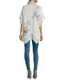 Boho Floral-Print Poncho W/Eyelet Trim