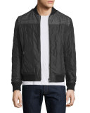 Reversible Leather Bomber Jacket W/Plaid Sleeves, Black