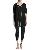 Contrast-Trim 3/4-Sleeve Long Jacket, Black/Multi