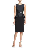 Belted Shantung Peplum Sheath Dress, Black