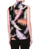 Sleeveless Feather-Print Blouse, Black/Orange