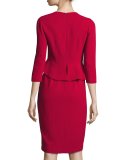 3/4-Sleeve Crepe Ruffle-Trim Sheath Dress, Red