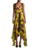 Sable Tie-Waist Tiered Floral Dress, Chartreuse Multicolor