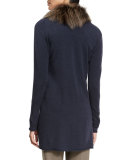 Long Wool-Blend Cardigan w/ Fox Fur Collar, Navy