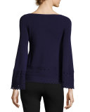 Diana Laser-Cut Long-Sleeve Top, Navy