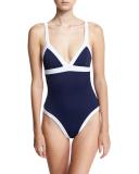 Italian Solid Colorblock Scoop-Back One-Piece Swimsuit, Blue/White