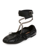 Rockstud Ballet Chain Ankle-Wrap Leather Flat, Nero