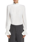 Briella Smocked Mock-Neck Silk Blouse, White