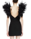 Tulle-Sleeve V-Neck Mini Sheath Dress, Black