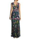 Sleeveless Floral Chiffon Gown, Blue