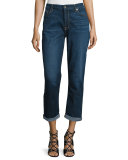 Cropped Rolled-Cuff Straight-Leg Jeans, Dark Blue