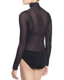 Long-Sleeve Netted Mesh Bodysuit, Black