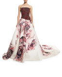 Embellished Rose-Print Strapless Gown, Burgundy
