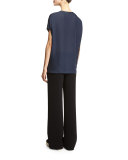 Pintuck Split-Neck Silk Top, Coastal