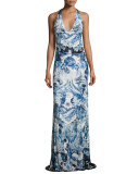 Phoenix-Print Sleeveless Halter Gown, Blue