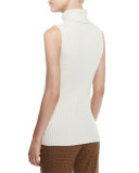Ribbed Sleeveless Turtleneck Sweater, White