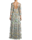 3/4-Sleeve Embroidered Tulle Gown, Blue