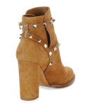 Rockstud Suede Chunky-Heel Boot, Tan