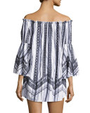 Rio Striped Off-the-Shoulder Tassel-Trim Mini Dress, White/Multicolor