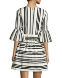 Augusta Striped Ruffle-Sleeve Dress, Black/White