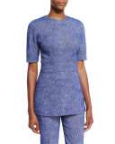 Swirl Jacquard Short-Sleeve Peplum Top, Lapis