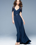 Short-Sleeve Butterfly-Back Gown, Navy