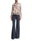 Long-Sleeve Plissé Paisley Chiffon Top, Winter White