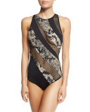 Ornamental Floral Mesh High-Neck One-Piece Swimsuit