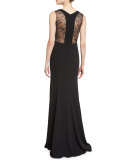 Sleeveless Lace-Inset Column Gown, Black