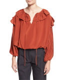 Plisse-Collar Self-Tie Blouse, Burnt Sienna