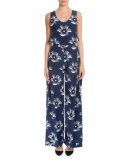 Sleeveless Floral-Print Tunic, Navy