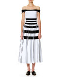 Striped Off-the-Shoulder Midi Dress, White/Black