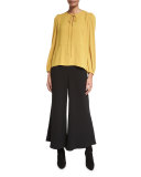 Flat-Front Wide-Leg Culotte Pants, Black