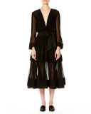 Deep-V Long-Sleeve Silk Dress, Black