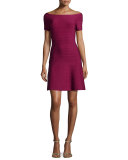 Short-Sleeve Bateau-Neck Bandage Dress, Raspberry
